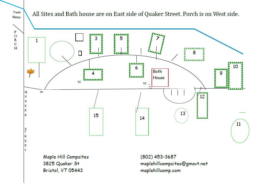 A map of the campsite locations and road